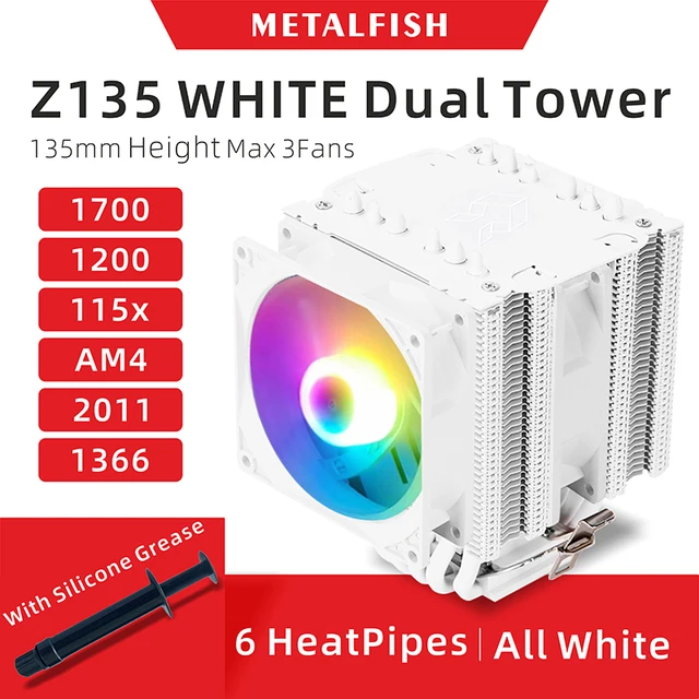Z135 Całkowicie biała chłodnica procesora z 6 rurkami cieplnymi obsługuje 1700/1200/115x/AM4 Wydajny 4-pinowy wentylator PWM ARGB Cichy wentylator Radiator