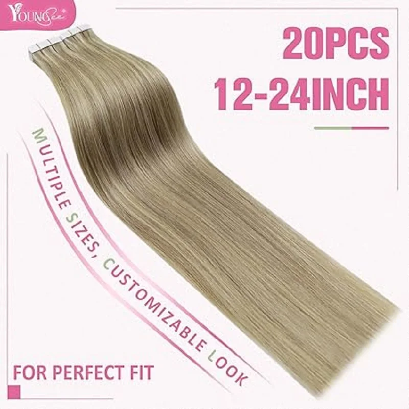 YoungSee-cinta adhesiva para extensiones de cabello humano, pelo liso y sedoso, trama de piel, Color resaltado, 12-24 pulgadas