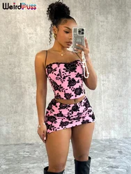 Weird Puss Flower Print Women 2 Piece Set Elegant Summer Trend Lace Bow Camisole+Peach Hip Skirts Matching Streetwear Outfits