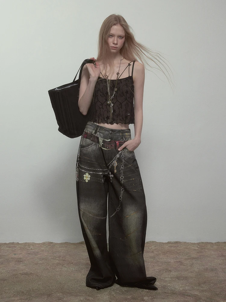 High Quality Hot Selling Wholesale 2025 New Virtual Digital Printed Retro Fashionable Personalized Wide Leg Jeans Pants Women