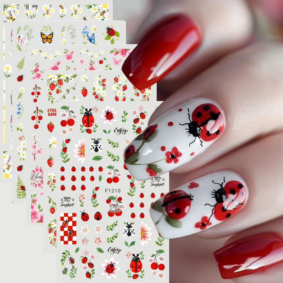 3D Cartoon Ladybug Nail Stickers Sweet Strawberry Cherry Blossoms Daisy Adhesive Nail Decals Spring Summer DIY Nail Art Decor