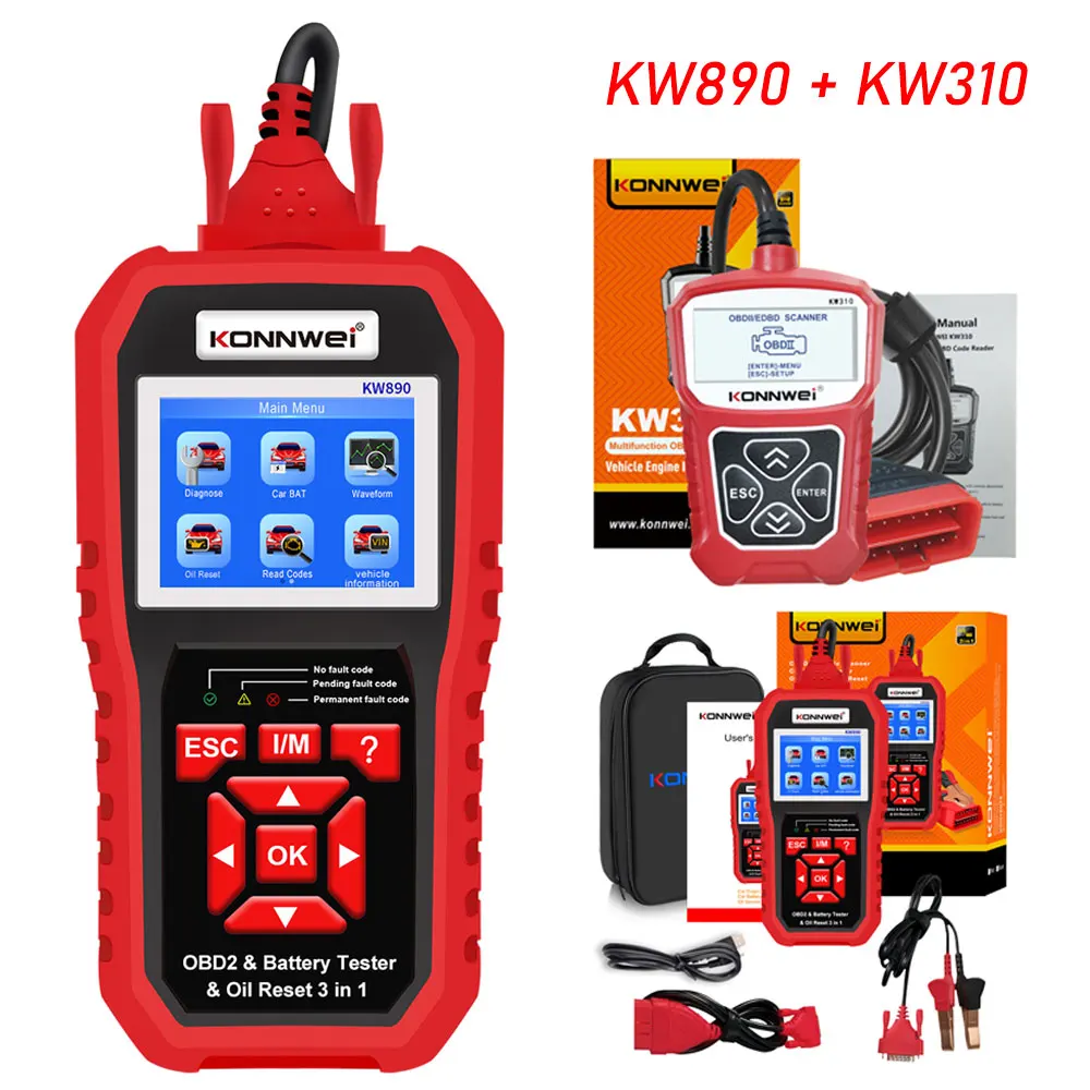 KONNWEI KW890 12V Cars Battery Tester Analizer Auto Diagnostic Tools Battery Match 3 in 1 Car OBD2 Scanner +KW310 Code Reader