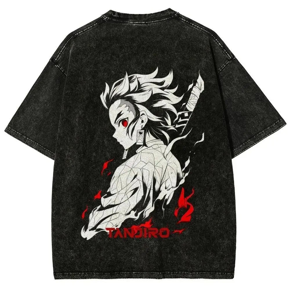 Sommer 2026 Y2K Demon Slayer Vintage Washed T-Shirt für Herren und Damen, Anime-Print, Baumwolle, Streetwear, Kurzarm-Shirt, Casual Top, Harajuku