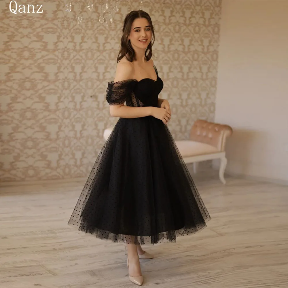 

Qanz Black Lace Up Evening Dresses Off The Shoulder Tulle Party Dress Dots Tea Length A Line Birthday Dress For Women Luxury