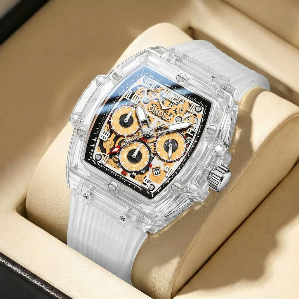 

1pcs Men's gold dial silicone strap vintage fashion tonneau skeleton sporty details Quartz Watch for business party holiday