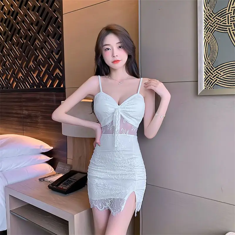 Elegant Slim Fit Bodycon Dress Low V Neck Slit Strap Clubwear