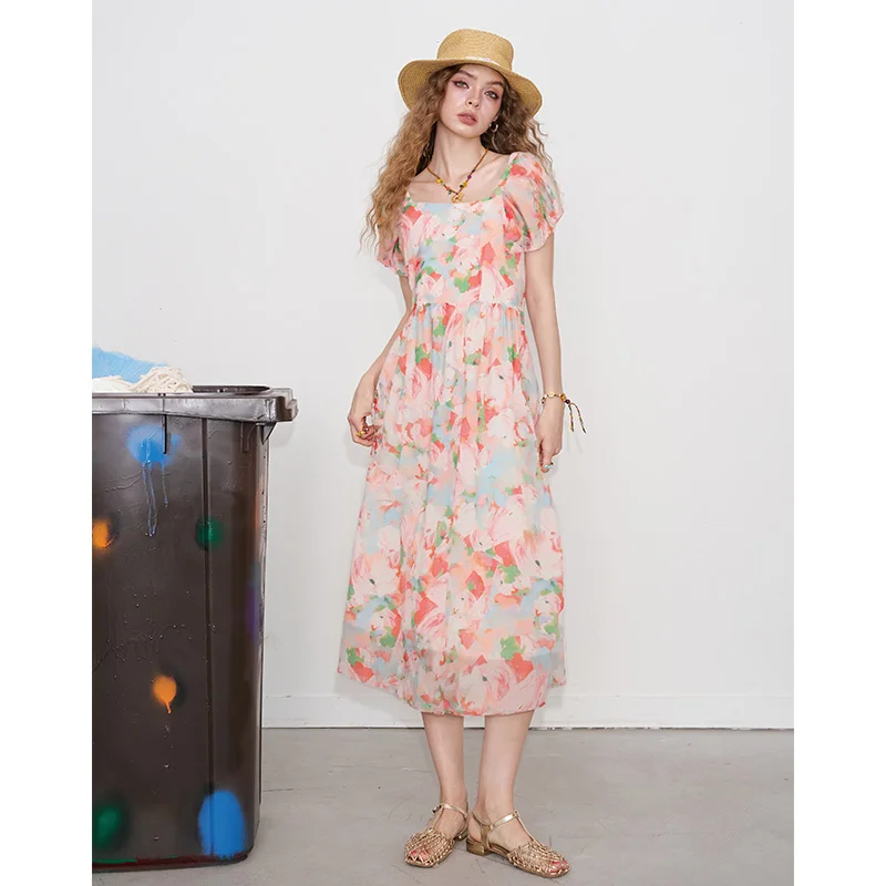 ELFSACK Zoete zachte bloemen grafische chiffon midi-jurk met fladdermouwen voor dames