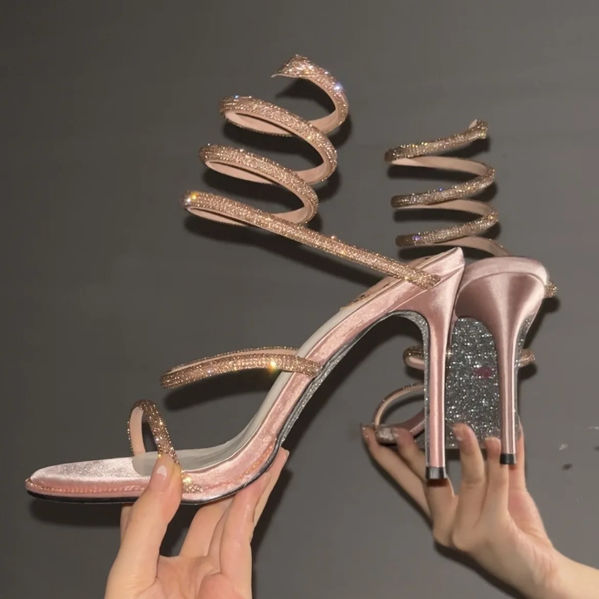 CHMURY brokat różowy szpilki Stiletto kobiet 10cm impreza sandały kobieta z obcasem luksusowy projektant elegancka kobieta sandały