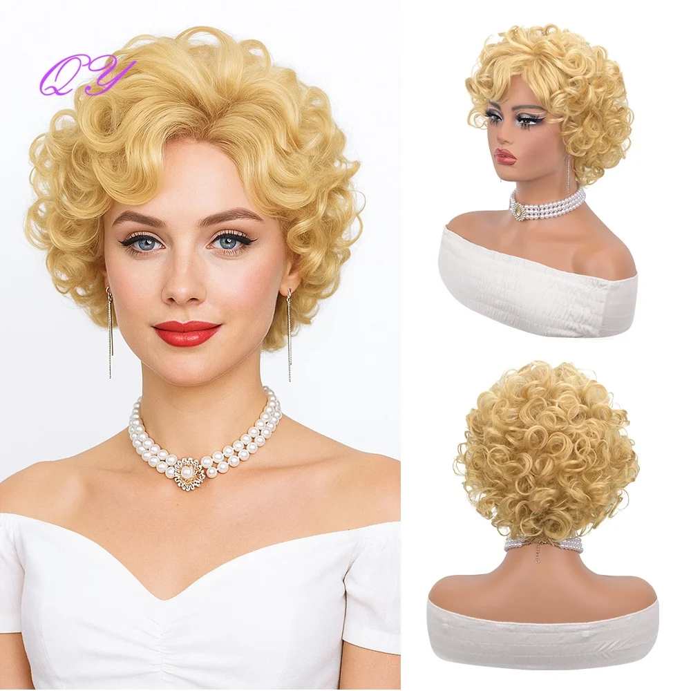 

Synthetic women's gold wig with bangs, elegant and naturally curly, adjustable and high-quality fluffy wig for daily or holiday