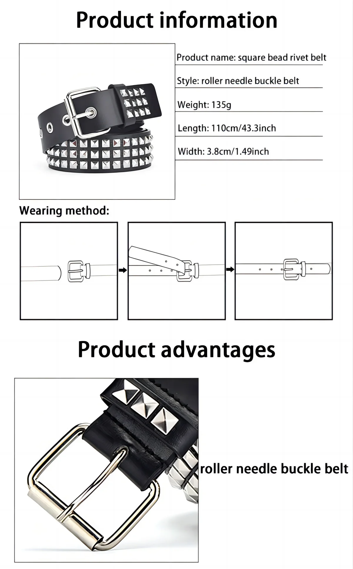 Fashion New Square Bead Rivet Metal Pyramid Men And Women Punk Hardware Jeans Y2K Designer Women's Belt_maomaolike.com