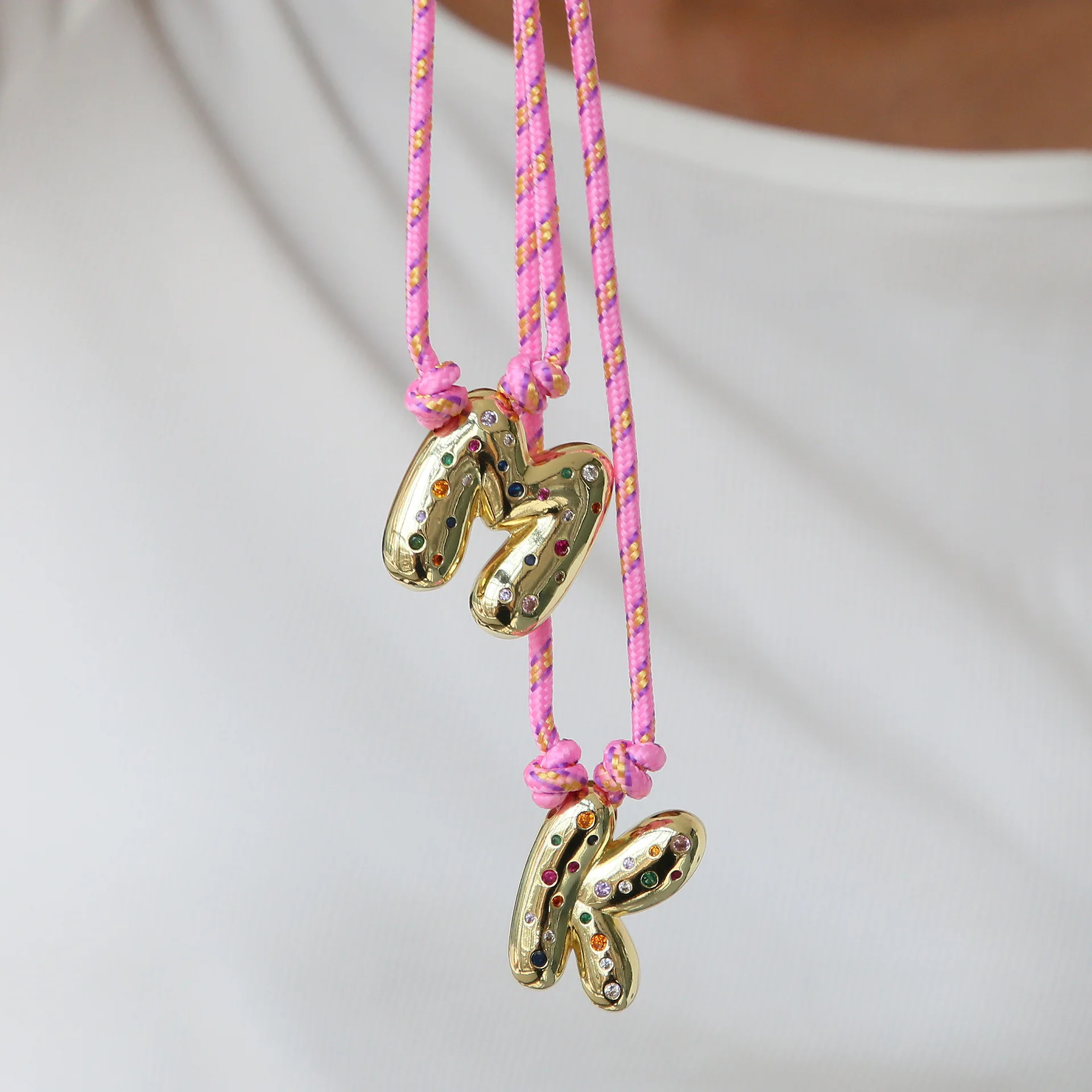 Colorful Cubic Zirconia Chunky Bubble Letter Pendant Necklace for Women Fashion Pink Rope Chain 18K Gold Plated Jewelry Gift view 3