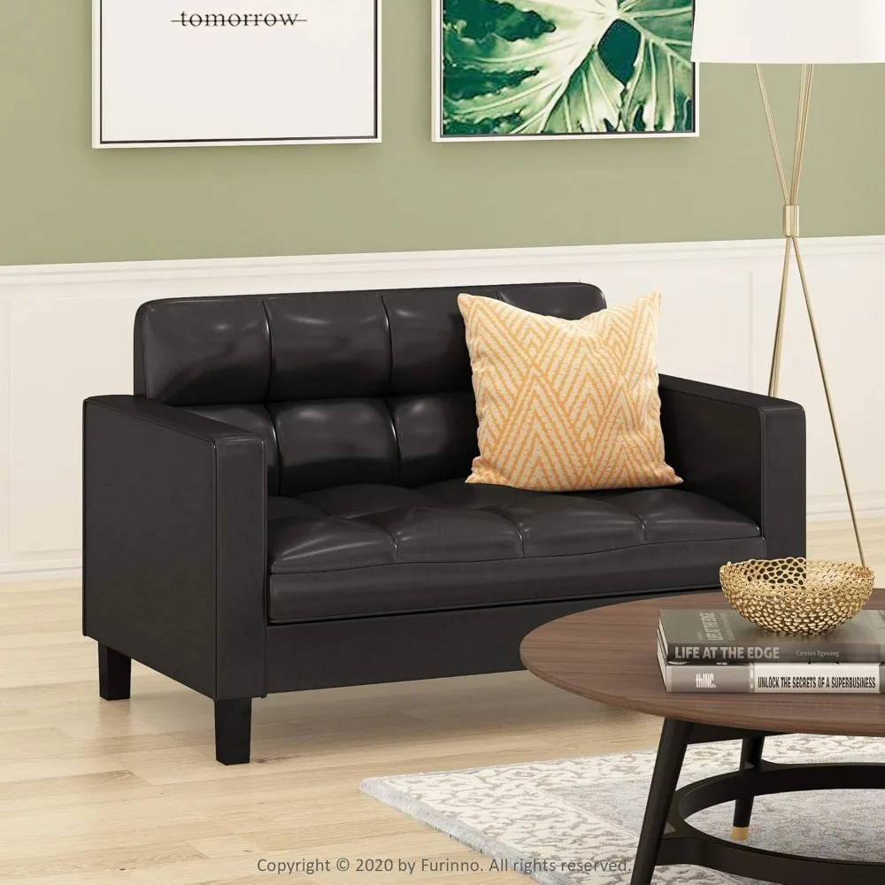 Brive Contemporary Tufted Faux Leather Loveseat/Sofa Couch for Living Room, Black Faux Leather