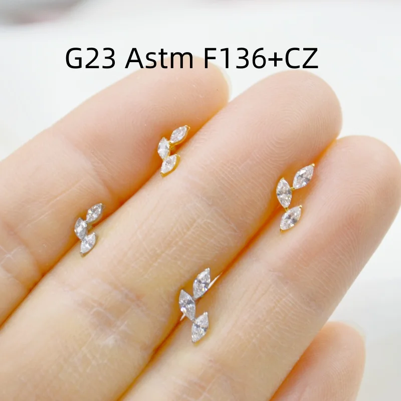 10pcs Body Jewelry G23 Titanium 3 Oval CZ Leaf Lip Labret Bar Ear Helix Tragus Rook Bar Stud Body Piercing Jewelry  16G~1.2mmNEW