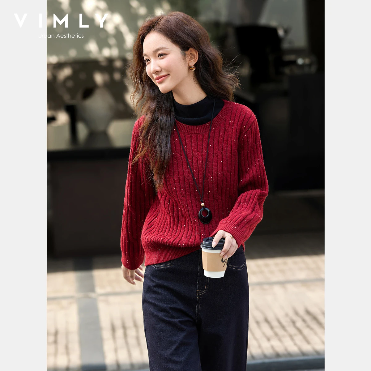 VIMLY Herfst 2025 Mode Vrouw Nieuwe Gebreide Rode Truien Casual Lovertjes Ronde Hals Trui Elegante Stretch Dames Truien 75130