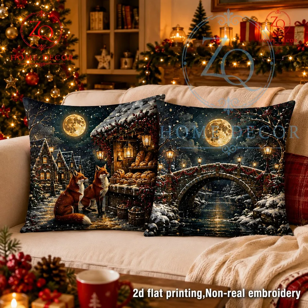Winter Night Full Moon Stone Bridge Wer Feure Pillowcase Retro European Christmas mosphere Home Decor Pillowcase