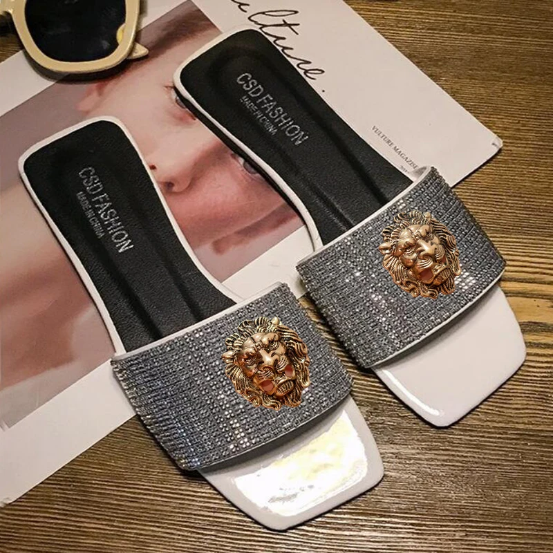 Luxury diamond slippers women wear summer new fashion flat bottom net red rhinestone flip-flops fashion beach flip-flops T1