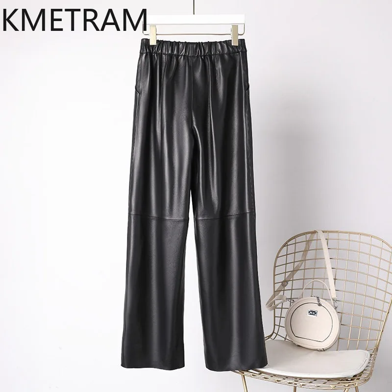KMETRAM Genuine Sheepskin Pants for Woman Slim Fit Straight Trousers Pure Leather Pant Woman High Waist Штаны 105cm Plus Size