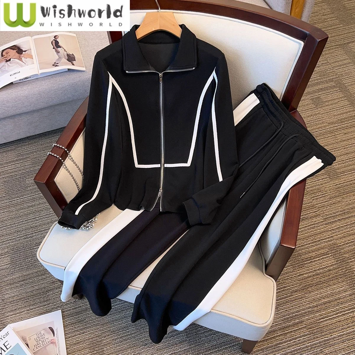 

Autumn Black and White Striped Zipper Long Sleeved Jacket, Casual Wide Leg Pants Two-piece Set, Fashionable Women's Pants Set