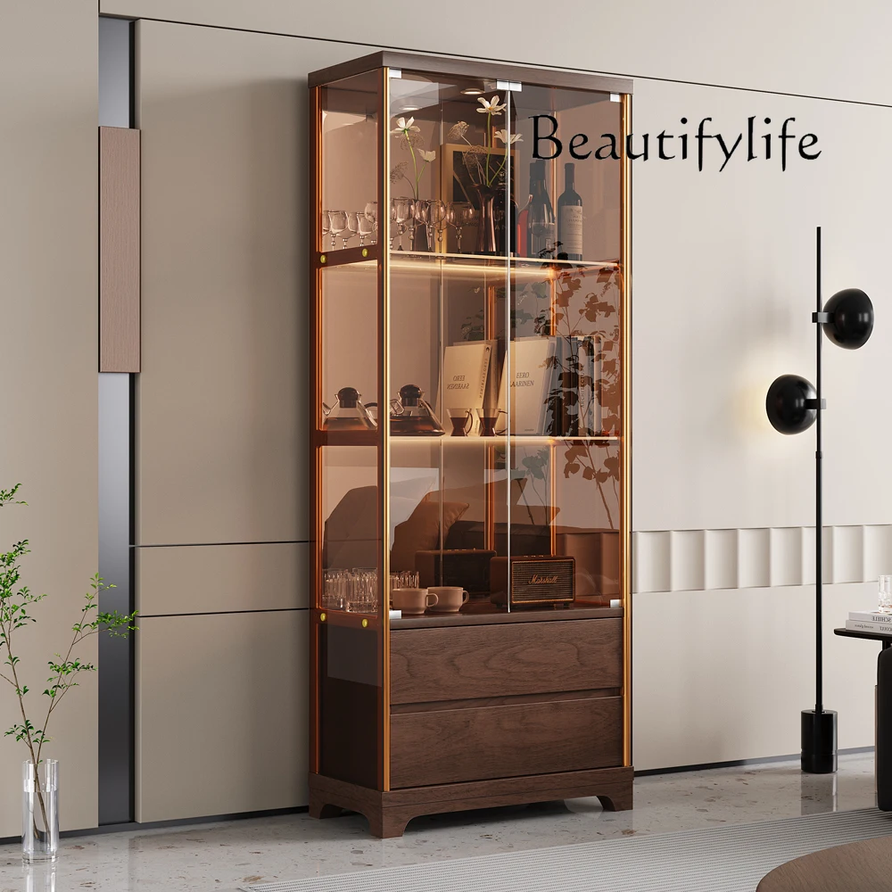 

Solid wood wine cabinet new Chinese double door glass door display home against the wall designer fashion