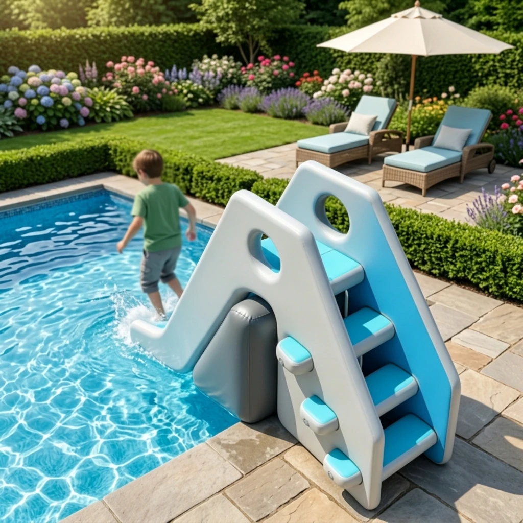 New Integrated Design Inflatable Pool Ladder With Slide, Stable Drop Stitch PVC Floating Steps For Outdoor Family Water Party