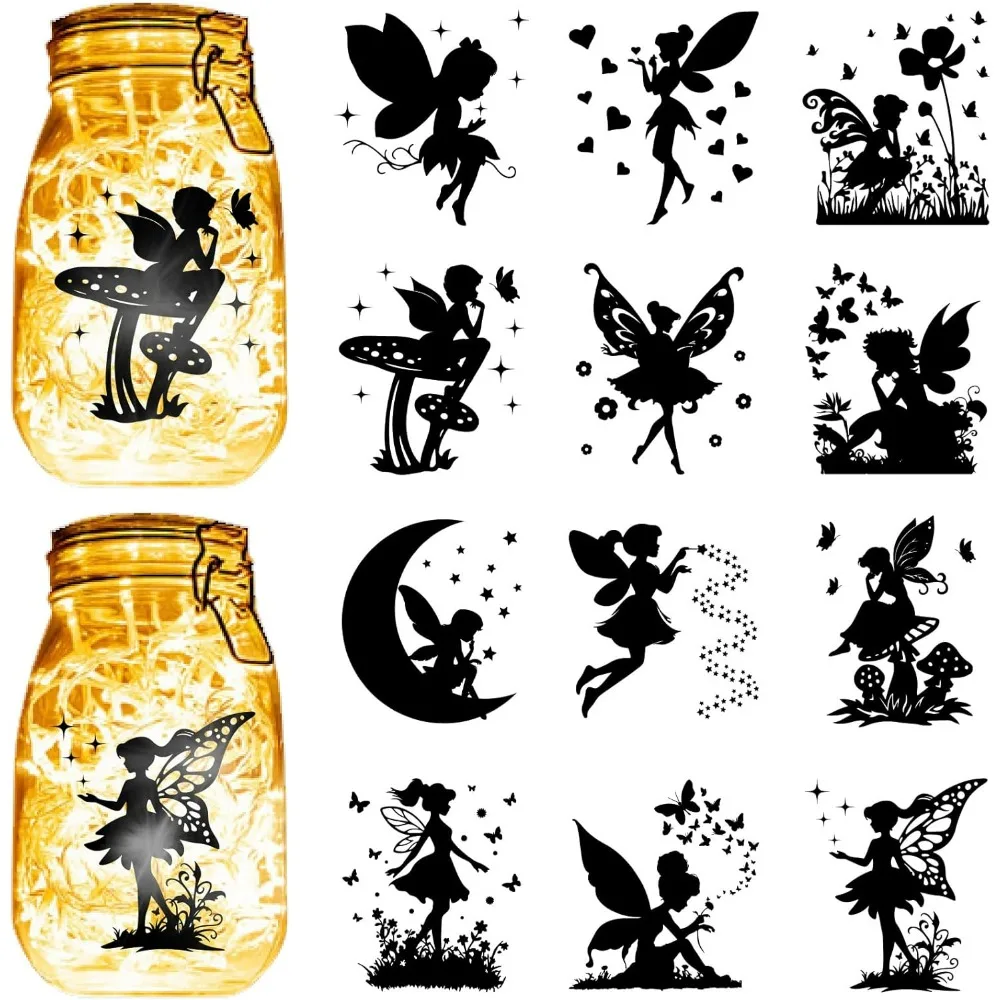 12Pcs Fairy Silhouettes Mason Jar Decor PVC Laser Die Cut Scrapbook Fairies Cardboard Cutouts Silhouette Ornament for DIY Light