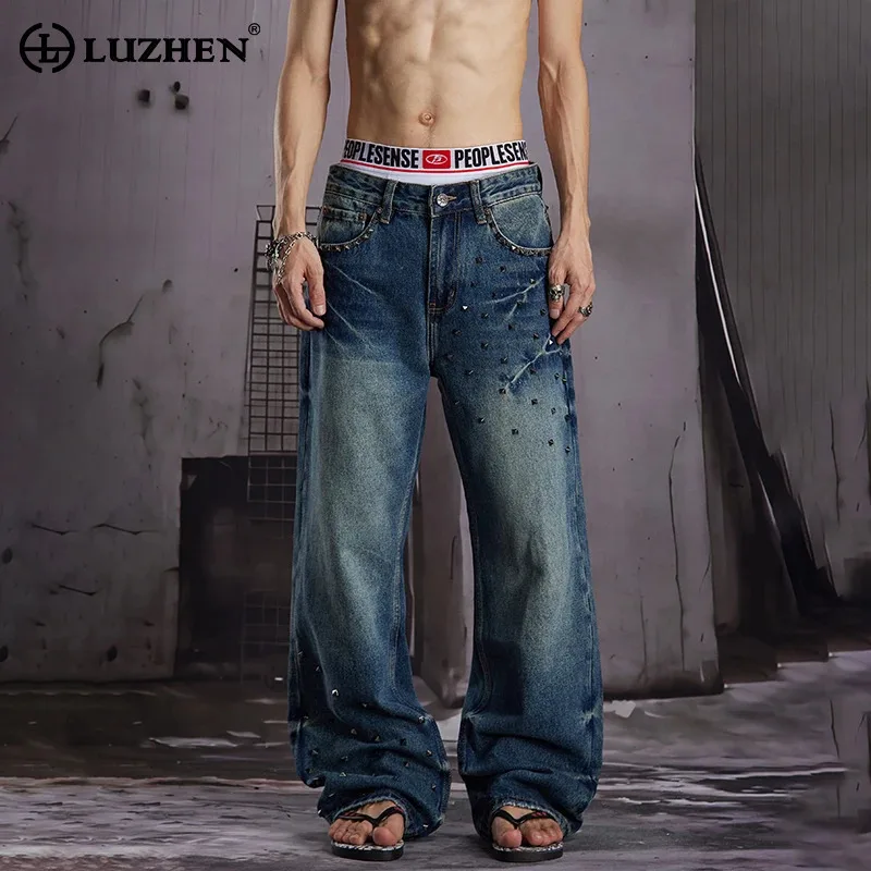 LUZHEN 2026 New Fashion Niche Design Sequin Patchwork Decorate Straight Denim Pants Men's Trendy Street Casual Male Jeans JY8738