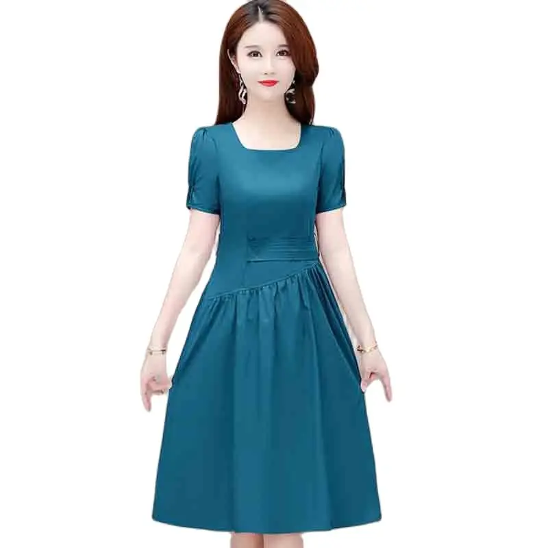 

2022 Word Neck Women's Fashion Dress Summer Casual Mid-length skirt Women's Slim Stitching Solid Color Short-sleeved Loose Skirt