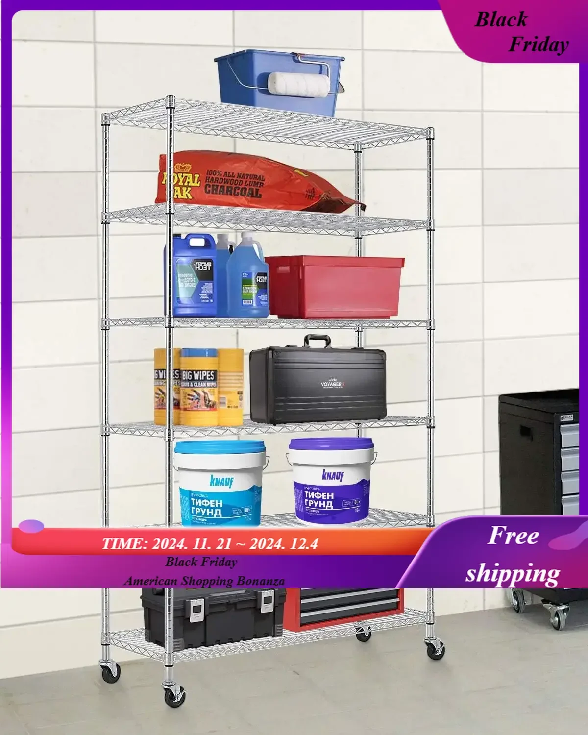 18x48x82 inch Wire Shelving Unit with Wheels Steel 6 Tier Heavy Duty Layer Rack Storage Metal Shelf Garage Organizer Wire