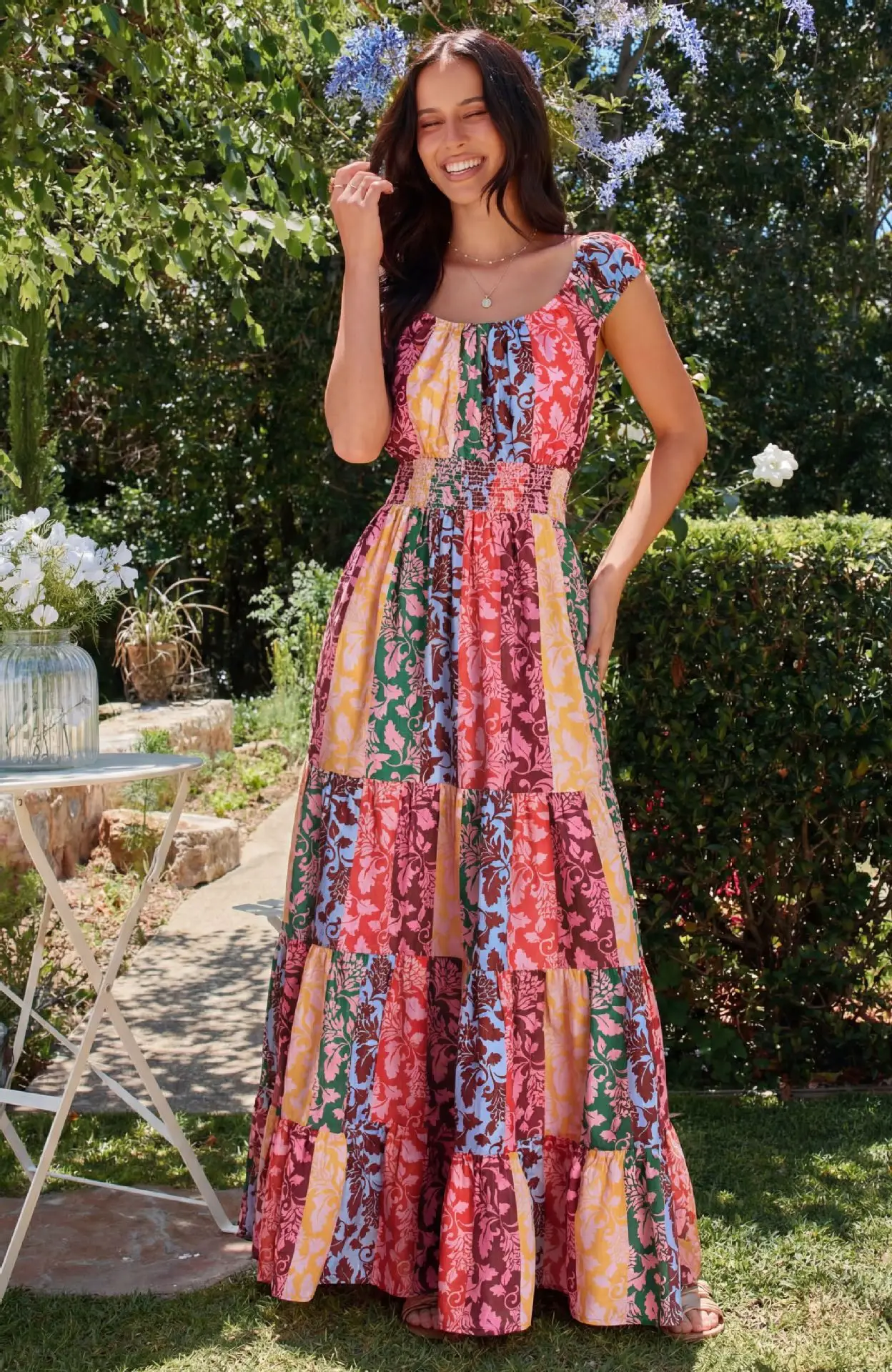 Spring Summer 2026 Bohemian Print Waist-Cinching Dress European Style Floral Embellished Drawstring New Arrival