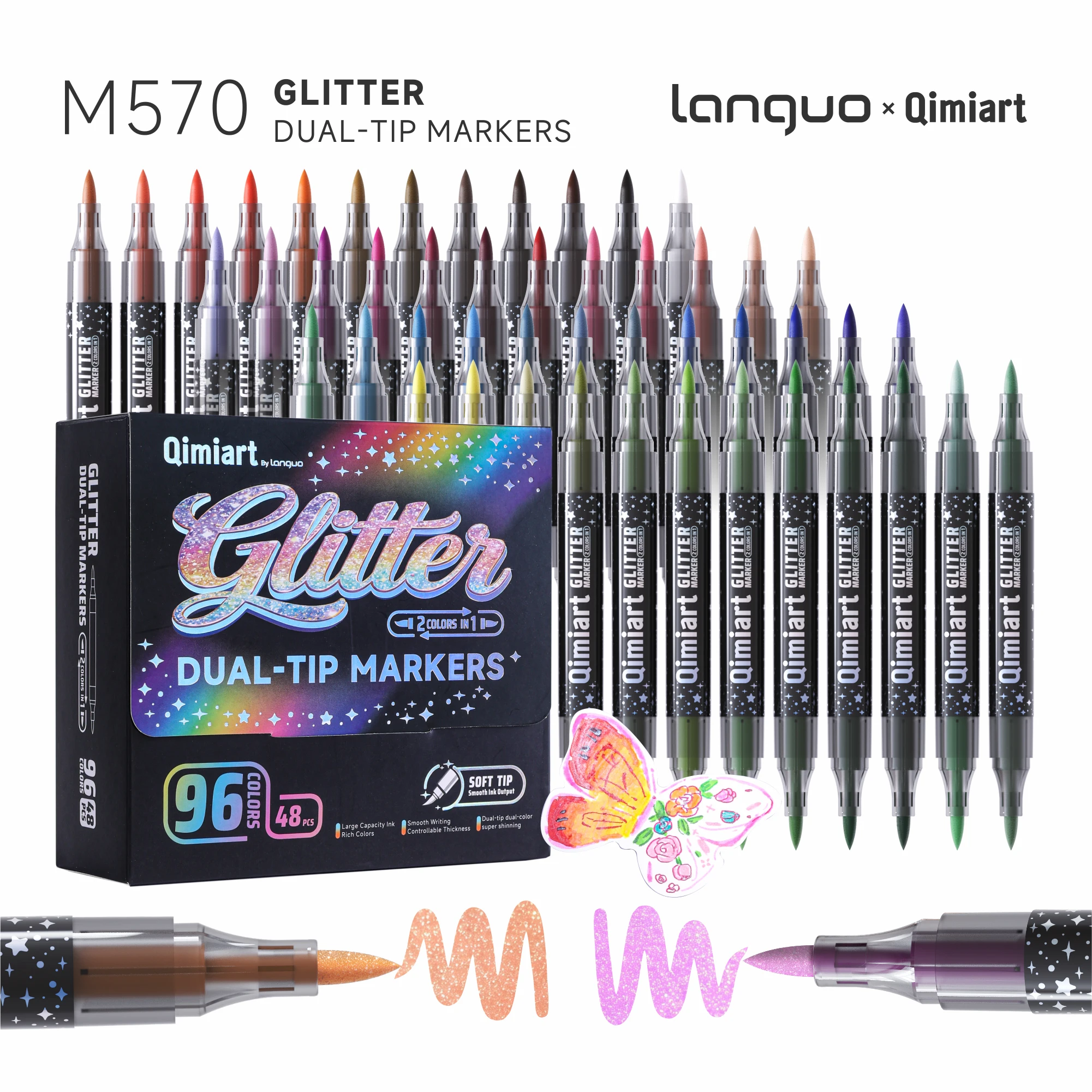 LANGUO 48/96Colors Double-Ended Glitter Marker Pens Brush Tip Dual Color Metallic Paint Art Markers for Scrapbooking Card Making