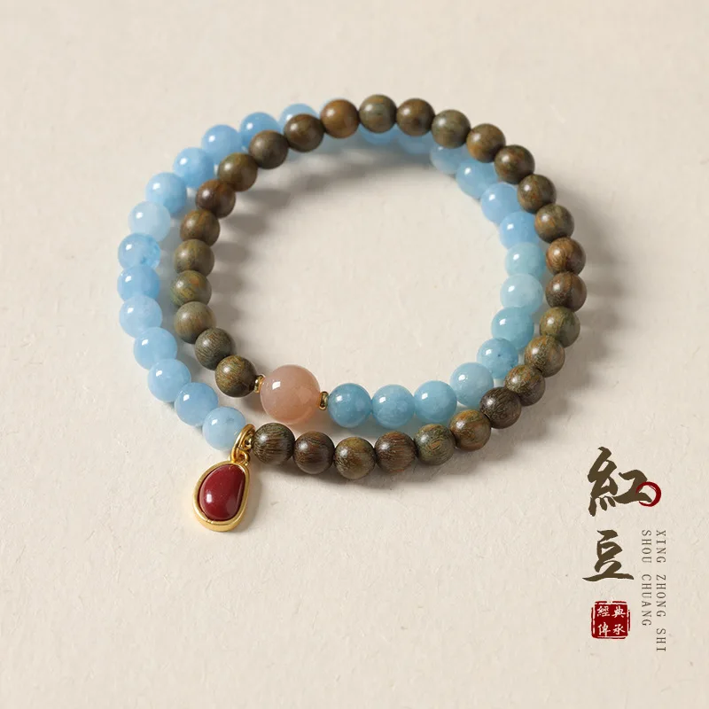 

New Chinese Style Aquamarine Green Sandalwood Double Circle Artistic Versatile Bracelet For Women HandString