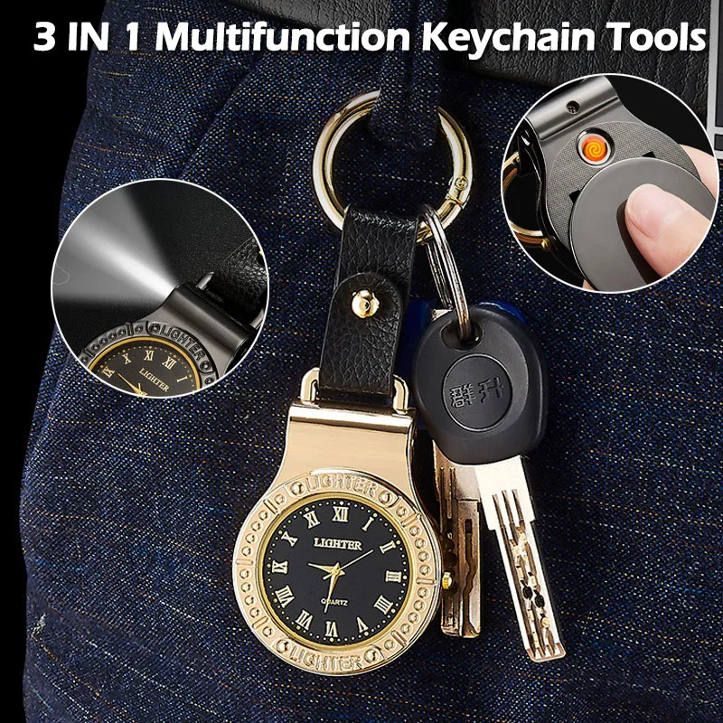 Outdoor Multifunctional Charging USB Pocket Watch Lighter Watch Car Keychain Cigarette Lighter Camping Tool Emergency Flashlight