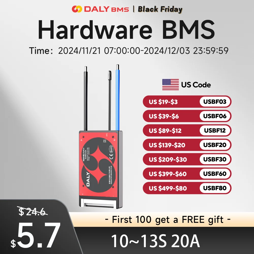 Daly hardware bms for li-ion 10s 36V 13s 48V 20A NTC Protection Board with Balance Leads Wires