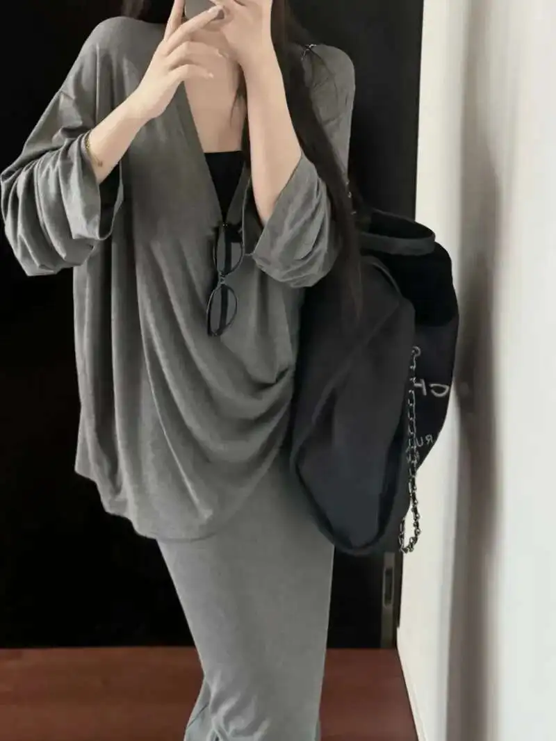 Set Kasual Longgar Baru 2024 Wanita Musim Semi/Musim Gugur Atasan Warna Polos Lengan Panjang Leher-v + Rok Panjang Pinggang Tinggi Set Dua Potong 21M2