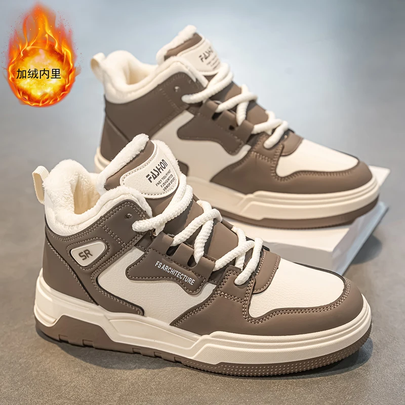 2025 Warm Fur Board Shoes for Men Plush Leather Work Shoes Mens Skateboard High Top Platform Casual Sneaker Thick Bottom Flats