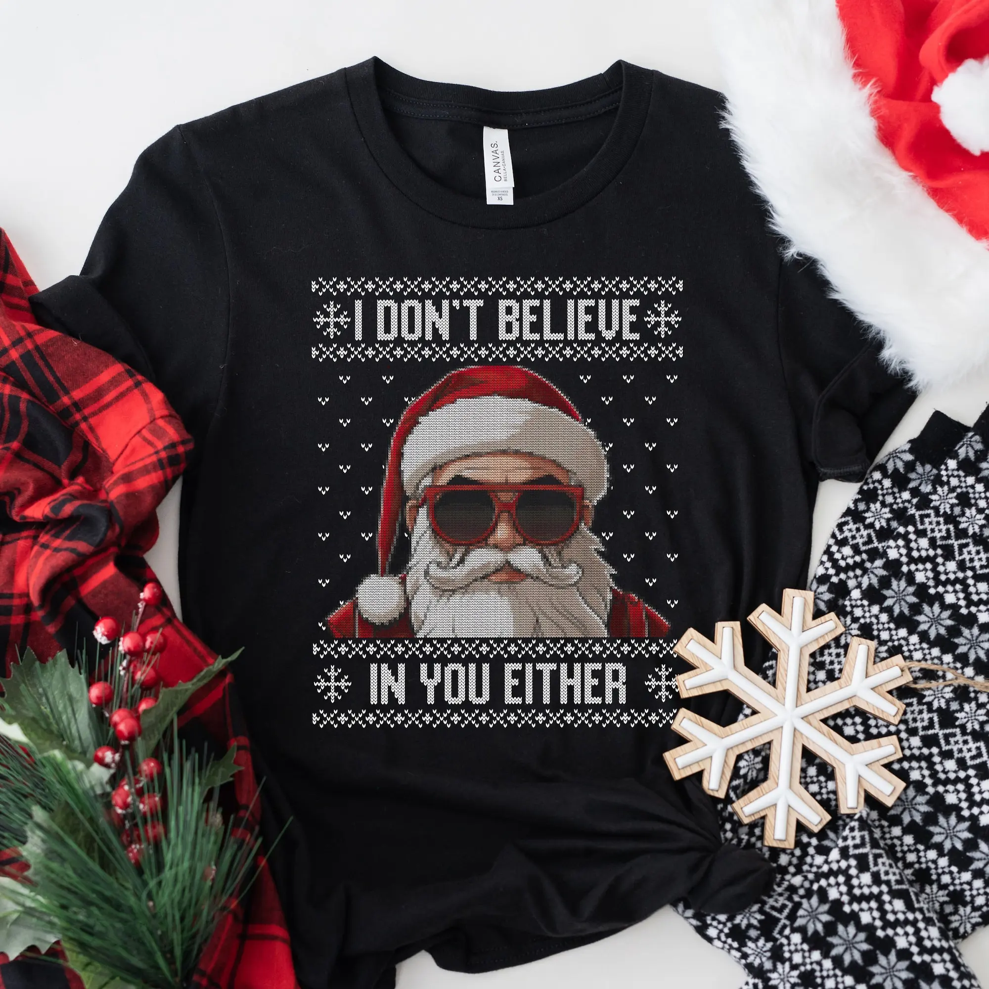 I don't believe in you either shirt, Sarcastic Santa with sunglasses shirt, Funny Santa Claus shirt, Cool Santa face shirt