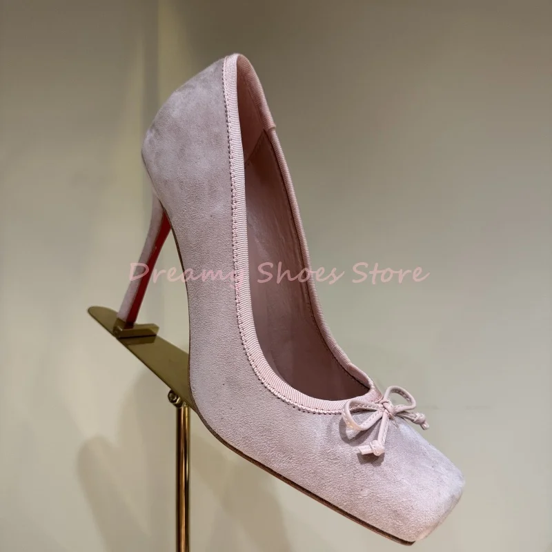

Pink Satin Bow Decor Platform Stiletto Pumps Women Suede Square Toe Slip On High Heels Sweet Fashion Party Wedding Ladies Shoes