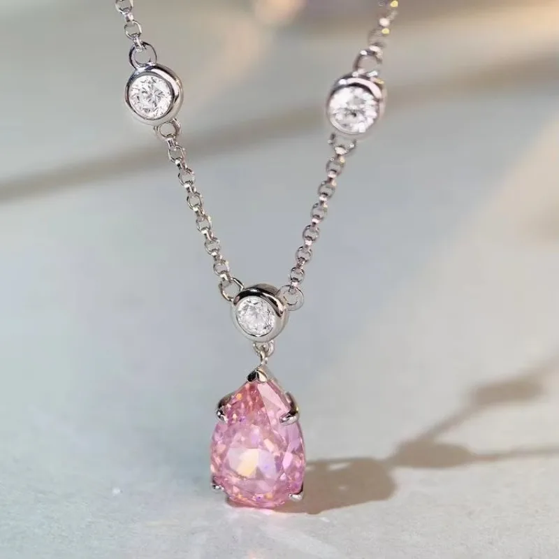 PT950 Platinum Drop Necklace - Women's Pink Diamond and Gemstone Zircon Collar Chain