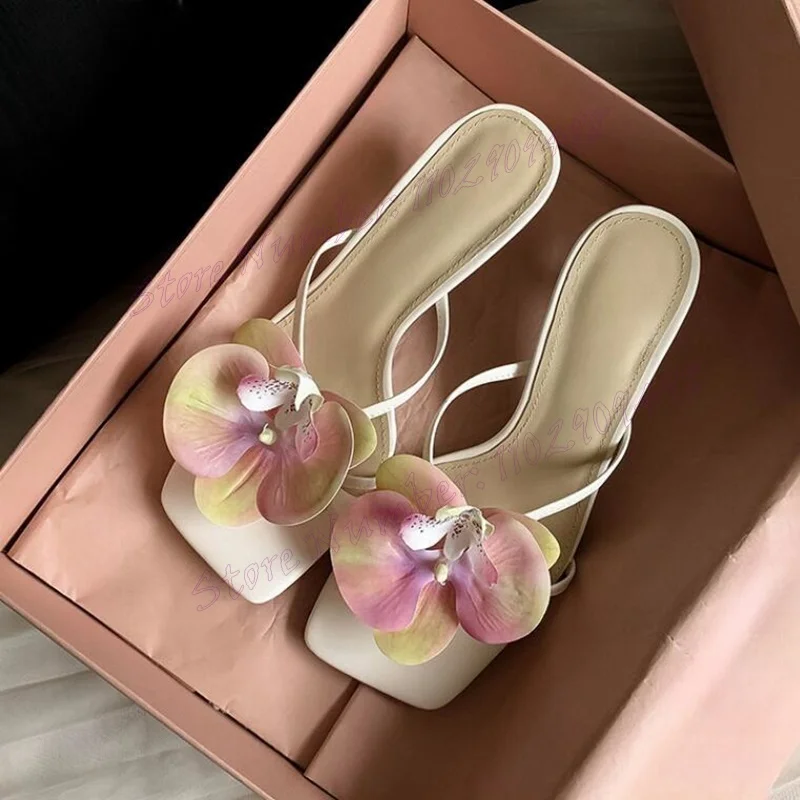 

White Flower Decor Elegant Slippers Matte Leather Square Toe Shoes for Women Summer Evening Party Shoes 2024 Zapatos Para Mujere