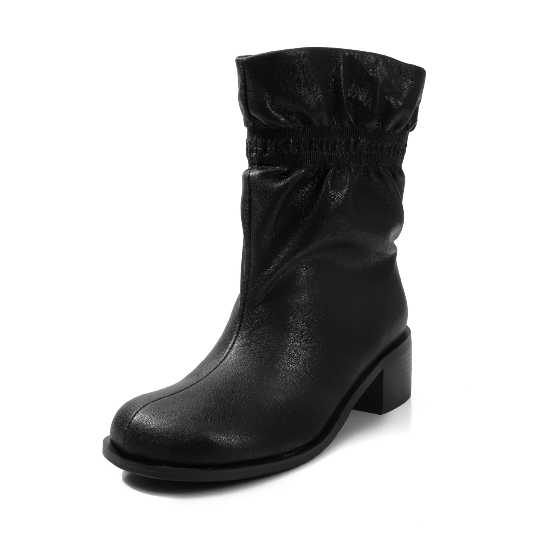 2027 Superstar Cow Skin High Heels Modern Boots Warm Winter Shoes Pleated Catwalk Dating Office Lady Casual Women Mid-calf Boots
