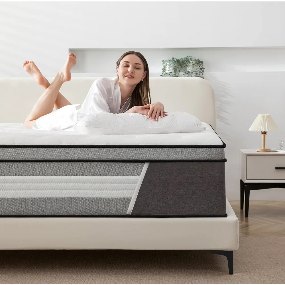 

Queen Mattress, 14 Inch Innerspring Hybrid Mattress in A Box with Gel Memory Foam, Wrapped Encased Coil Pocket Spring Mattress