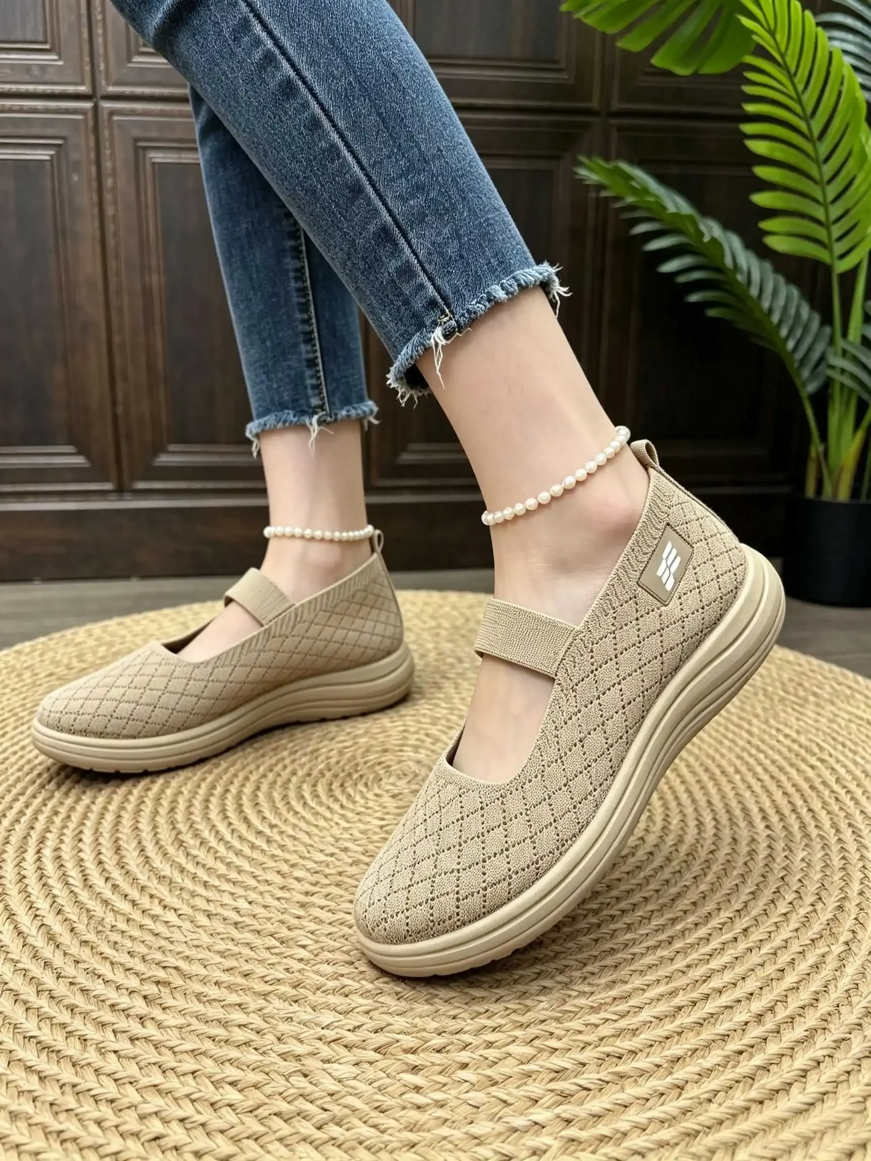 Damen Herbst Mary Jane Plateau-Flats aus Strick-Mesh, atmungsaktiv, mit elastischem Riemen, weich, rutschfest, leicht, für den täglichen Gebrauch. – Detail 6