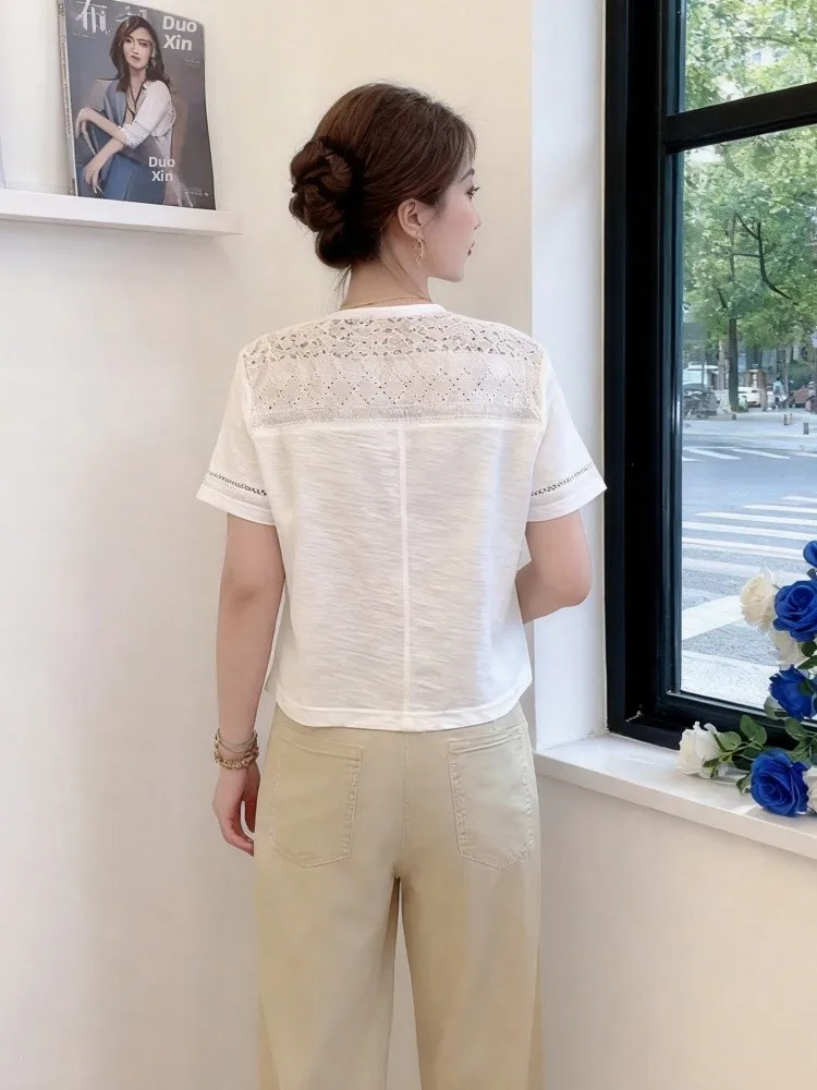 Women's Short Sleeve T-Shirt Heavy Embroidery Back Splicing Hollow out Design Summer Fashion Slimming Top Korean Style