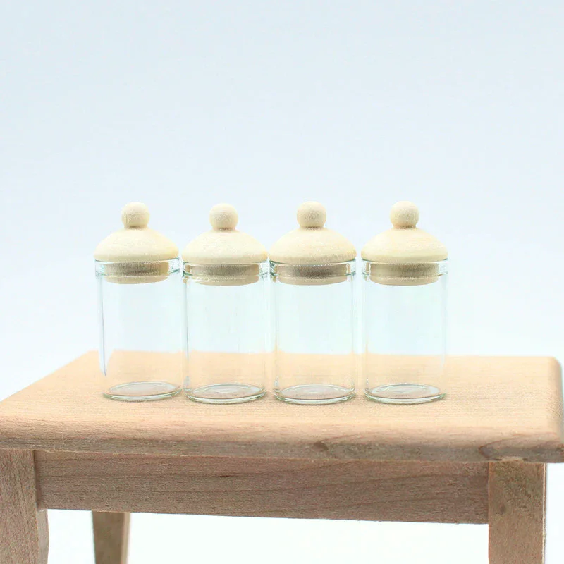 1/12 Dollhouse Clear Glass Jar Dollhouse Miniature Kitchen Storage Bottles Dolls House Decoration Accessories 4Pcs