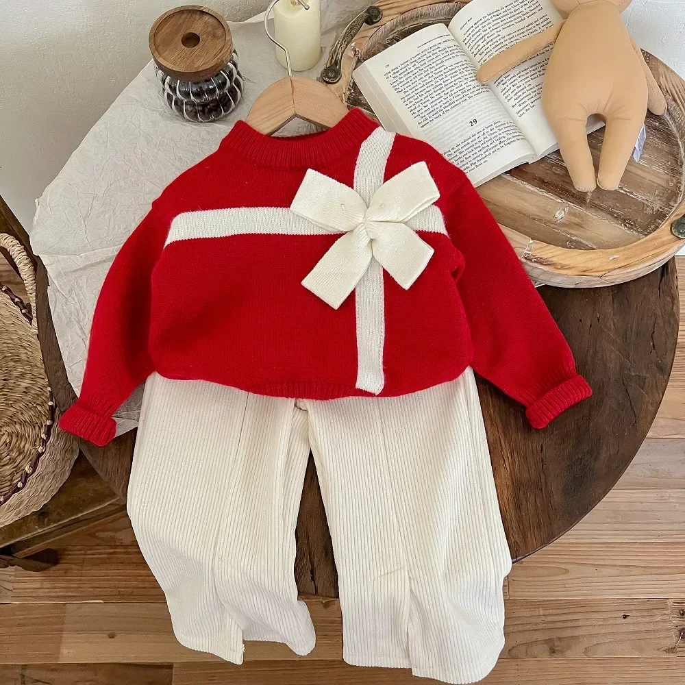 Girl Clothes Set New Year Set 2023 Spring and Autumn Baby Girl Fashion Small Fragrant Sweater Sweater Flared Pants Two-piece Set