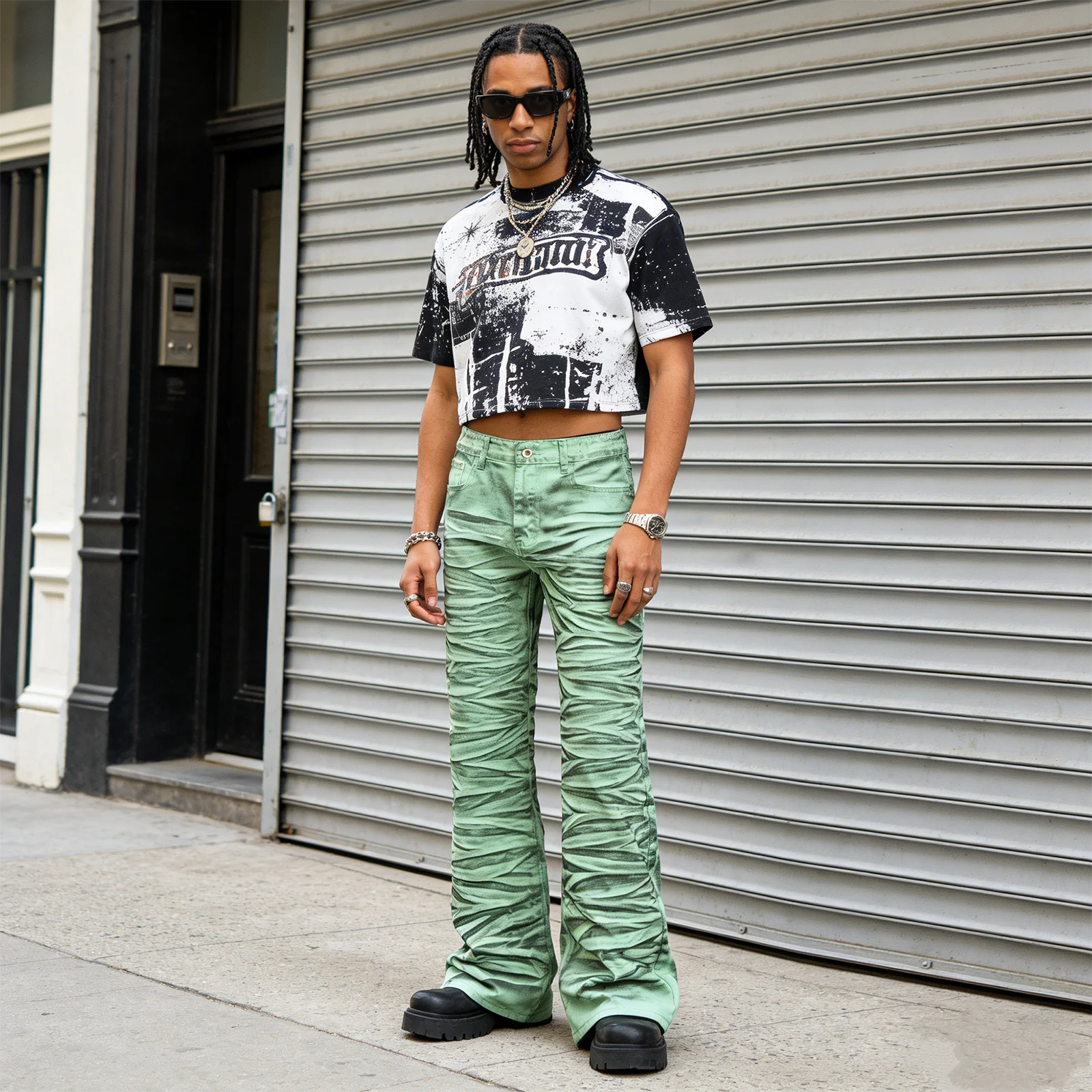Vintage Washed Green Striped Flared Jeans Skinny Casual Y2k Streetwear Tie-Dye Denim Flare Trousers Hip Hop Slim Fit Denim Pants