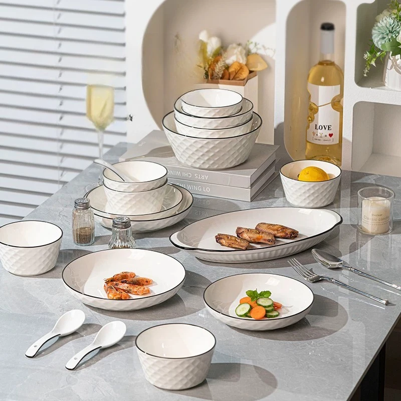 White Full Set Dinner Set Plates Design Aesthetic Elegant Ceramic Dinner Set Bowl Luxury Kitchen Bajilla Ceramica Dinnerware