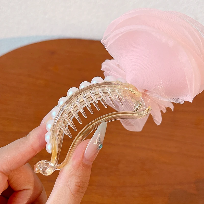 2026 Neue Sommer-Organza-Haarspangen mit Schleife für Damen und Mädchen, modische Kunstperlen, schonende Haarhalter für Pferdeschwänze, Haar-Accessoires – Detail 3