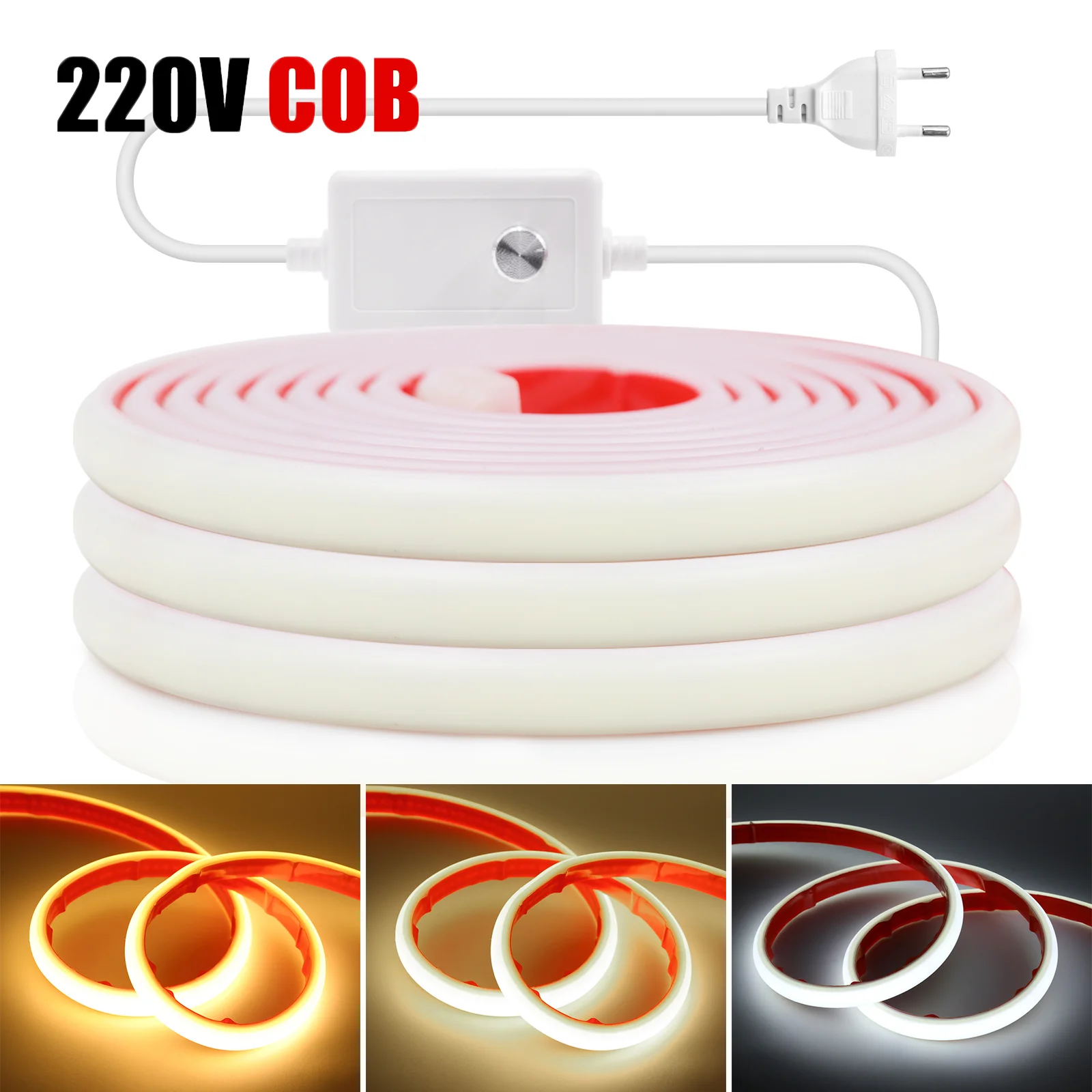 

COB Neon Strip 220V 240V LED Tape Adhesive Ribbon Rope Lights 288LEDs/M IP67 Waterproof Flexible FOB LED Strip Kitchen Lighting