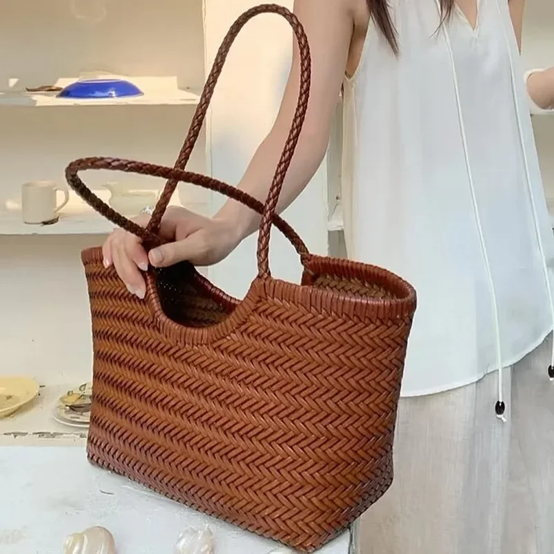 Genuine leather handwoven vegetable basket tote bag French retro style women’s vacation accessory crafted from imported view 2